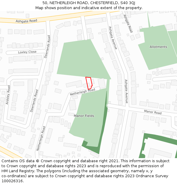 50, NETHERLEIGH ROAD, CHESTERFIELD, S40 3QJ: Location map and indicative extent of plot