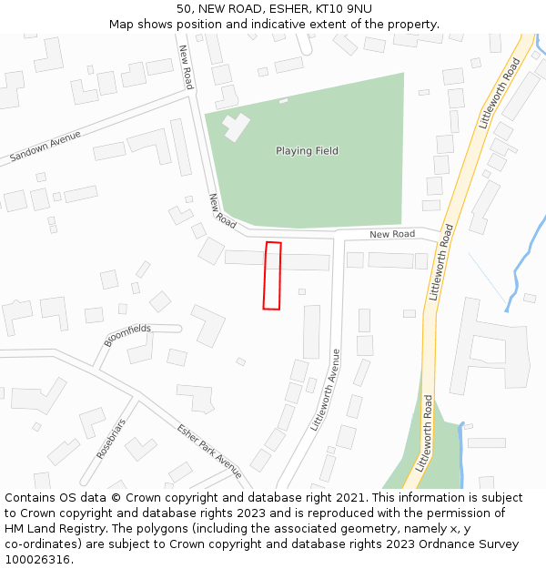 50, NEW ROAD, ESHER, KT10 9NU: Location map and indicative extent of plot