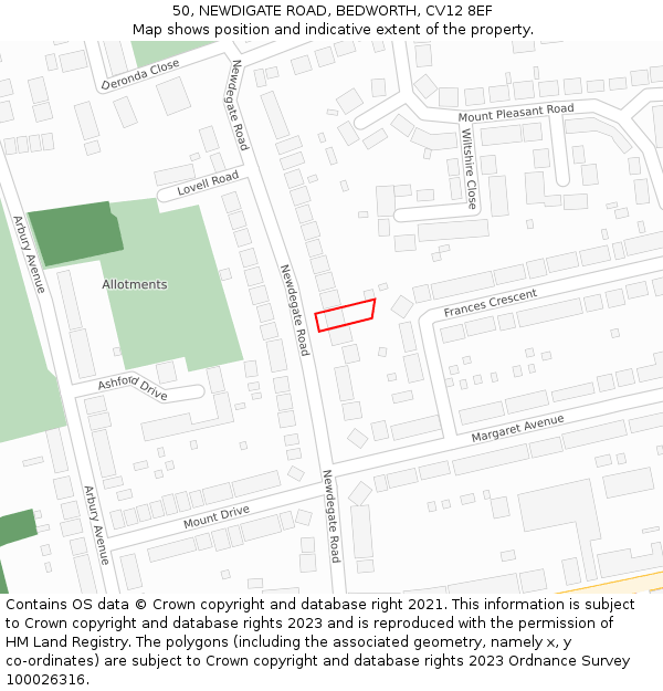 50, NEWDIGATE ROAD, BEDWORTH, CV12 8EF: Location map and indicative extent of plot