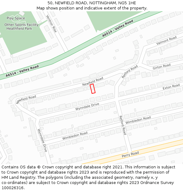 50, NEWFIELD ROAD, NOTTINGHAM, NG5 1HE: Location map and indicative extent of plot