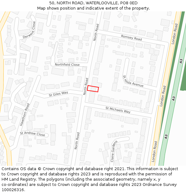 50, NORTH ROAD, WATERLOOVILLE, PO8 0ED: Location map and indicative extent of plot