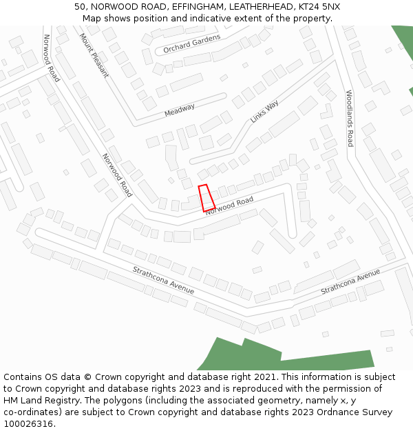 50, NORWOOD ROAD, EFFINGHAM, LEATHERHEAD, KT24 5NX: Location map and indicative extent of plot