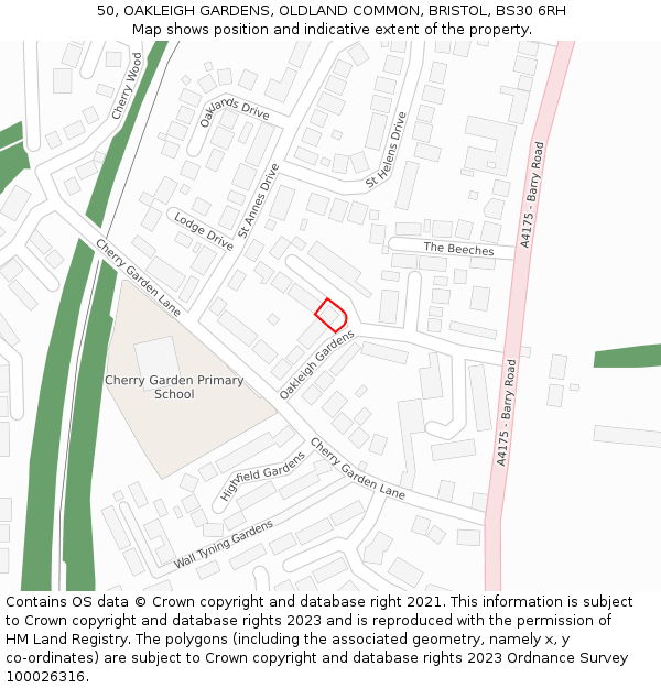 50, OAKLEIGH GARDENS, OLDLAND COMMON, BRISTOL, BS30 6RH: Location map and indicative extent of plot