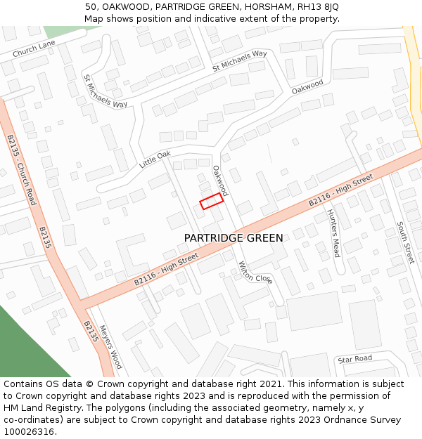 50, OAKWOOD, PARTRIDGE GREEN, HORSHAM, RH13 8JQ: Location map and indicative extent of plot