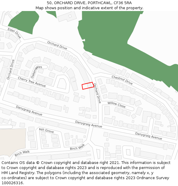 50, ORCHARD DRIVE, PORTHCAWL, CF36 5RA: Location map and indicative extent of plot