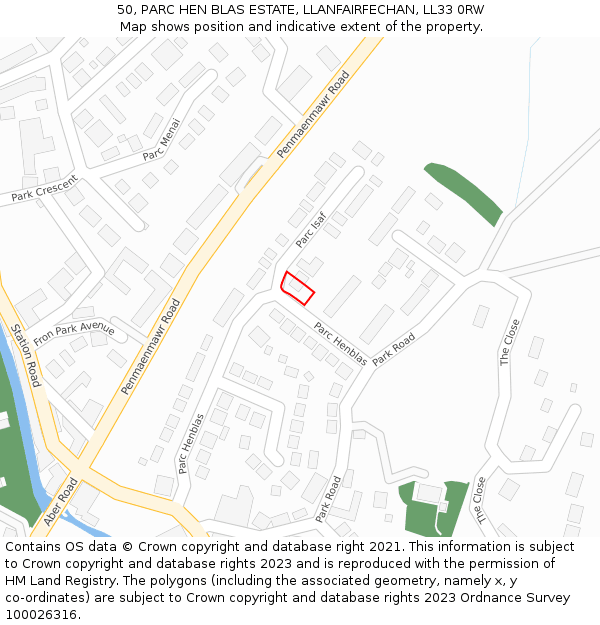 50, PARC HEN BLAS ESTATE, LLANFAIRFECHAN, LL33 0RW: Location map and indicative extent of plot