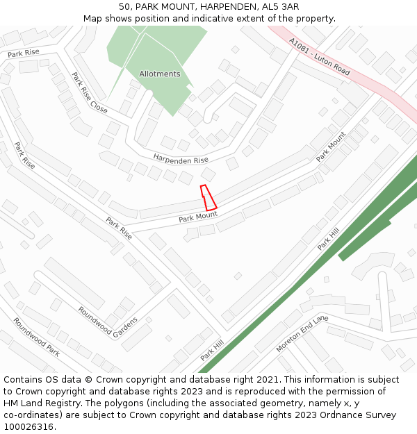 50, PARK MOUNT, HARPENDEN, AL5 3AR: Location map and indicative extent of plot