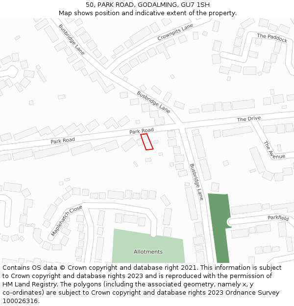 50, PARK ROAD, GODALMING, GU7 1SH: Location map and indicative extent of plot