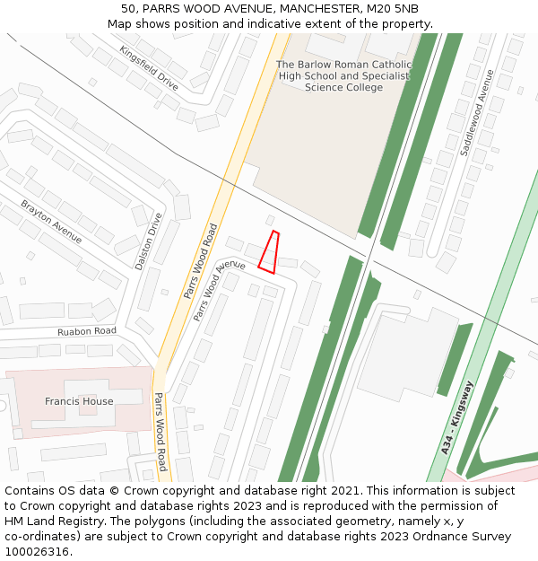 50, PARRS WOOD AVENUE, MANCHESTER, M20 5NB: Location map and indicative extent of plot