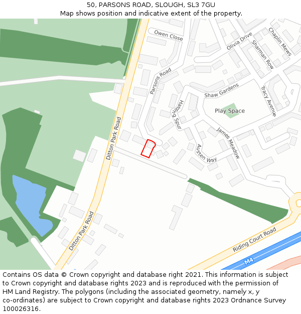 50, PARSONS ROAD, SLOUGH, SL3 7GU: Location map and indicative extent of plot