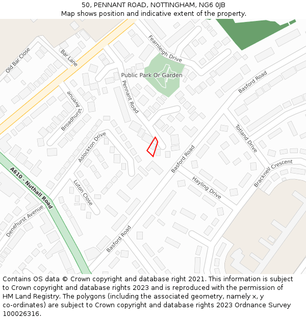 50, PENNANT ROAD, NOTTINGHAM, NG6 0JB: Location map and indicative extent of plot