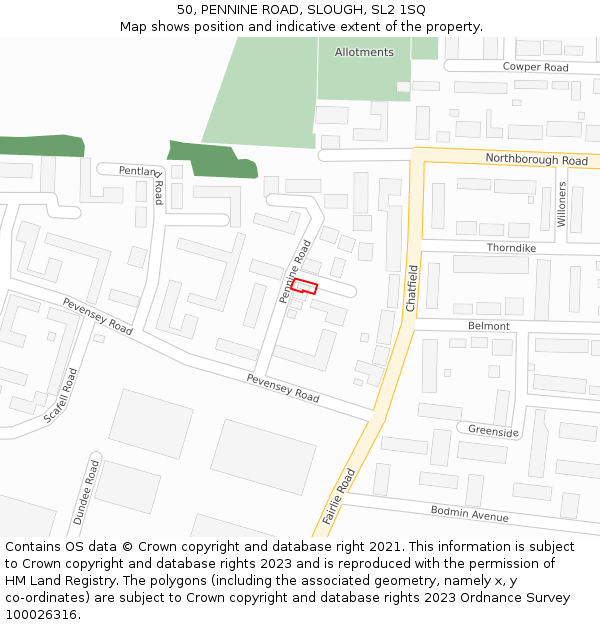 50, PENNINE ROAD, SLOUGH, SL2 1SQ: Location map and indicative extent of plot