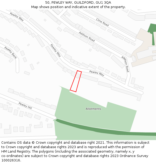 50, PEWLEY WAY, GUILDFORD, GU1 3QA: Location map and indicative extent of plot