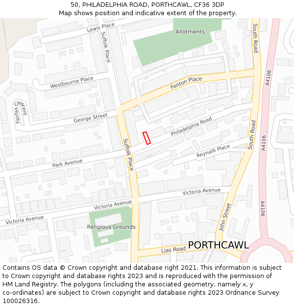 50, PHILADELPHIA ROAD, PORTHCAWL, CF36 3DP: Location map and indicative extent of plot