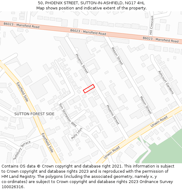 50, PHOENIX STREET, SUTTON-IN-ASHFIELD, NG17 4HL: Location map and indicative extent of plot