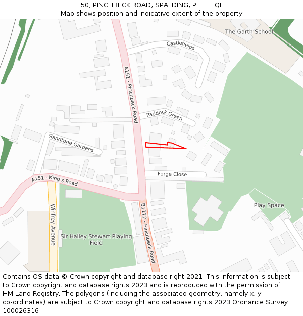 50, PINCHBECK ROAD, SPALDING, PE11 1QF: Location map and indicative extent of plot