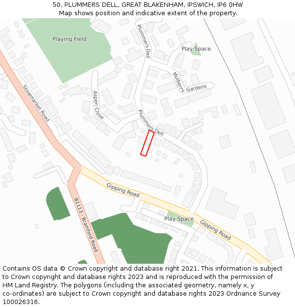 50, PLUMMERS DELL, GREAT BLAKENHAM, IPSWICH, IP6 0HW: Location map and indicative extent of plot