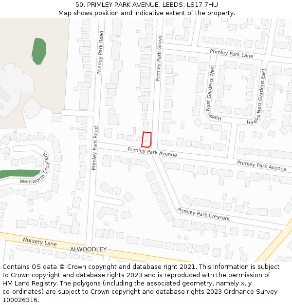 50, PRIMLEY PARK AVENUE, LEEDS, LS17 7HU: Location map and indicative extent of plot
