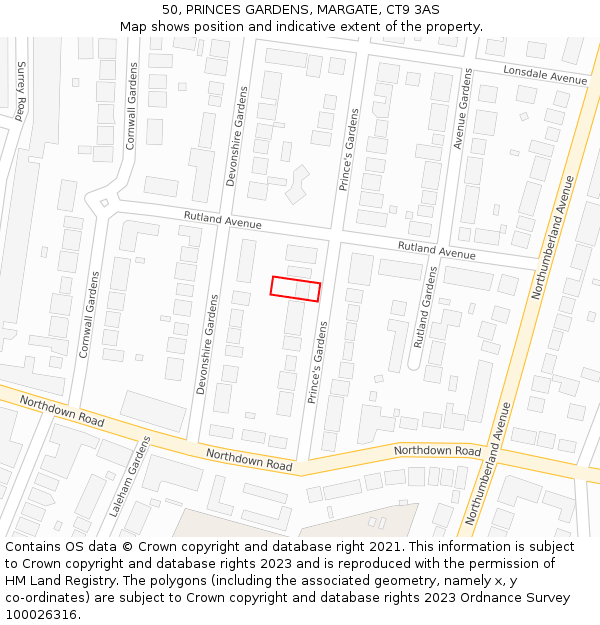 50, PRINCES GARDENS, MARGATE, CT9 3AS: Location map and indicative extent of plot