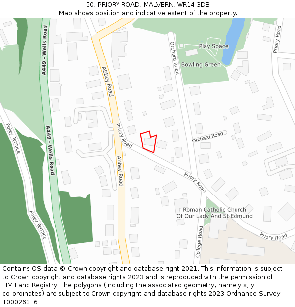 50, PRIORY ROAD, MALVERN, WR14 3DB: Location map and indicative extent of plot