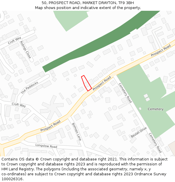 50, PROSPECT ROAD, MARKET DRAYTON, TF9 3BH: Location map and indicative extent of plot