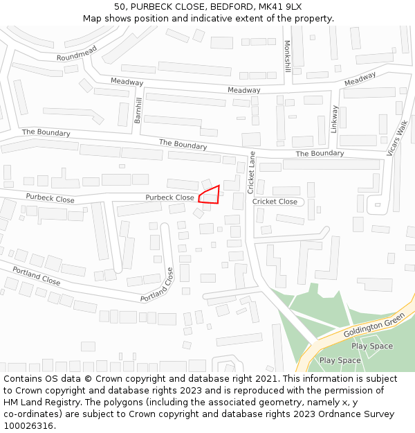 50, PURBECK CLOSE, BEDFORD, MK41 9LX: Location map and indicative extent of plot