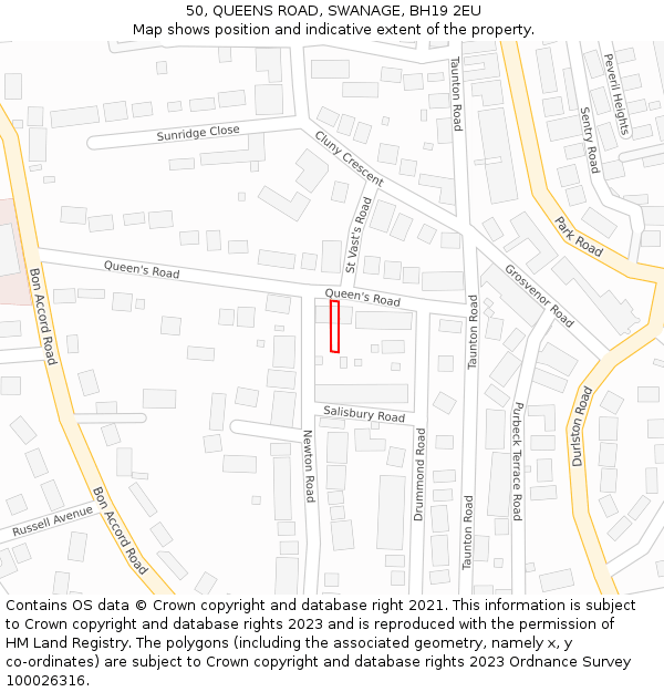 50, QUEENS ROAD, SWANAGE, BH19 2EU: Location map and indicative extent of plot