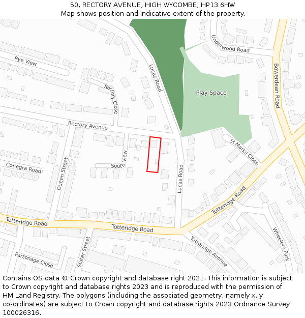 50, RECTORY AVENUE, HIGH WYCOMBE, HP13 6HW: Location map and indicative extent of plot