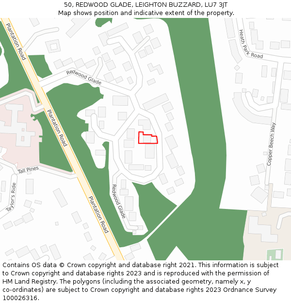 50, REDWOOD GLADE, LEIGHTON BUZZARD, LU7 3JT: Location map and indicative extent of plot