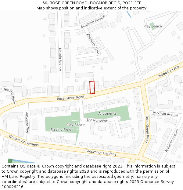 50, ROSE GREEN ROAD, BOGNOR REGIS, PO21 3EP: Location map and indicative extent of plot