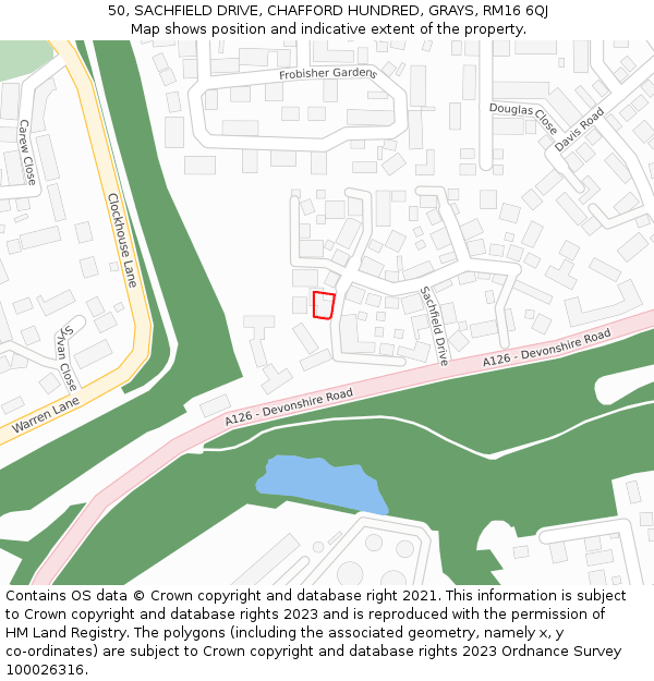 50, SACHFIELD DRIVE, CHAFFORD HUNDRED, GRAYS, RM16 6QJ: Location map and indicative extent of plot