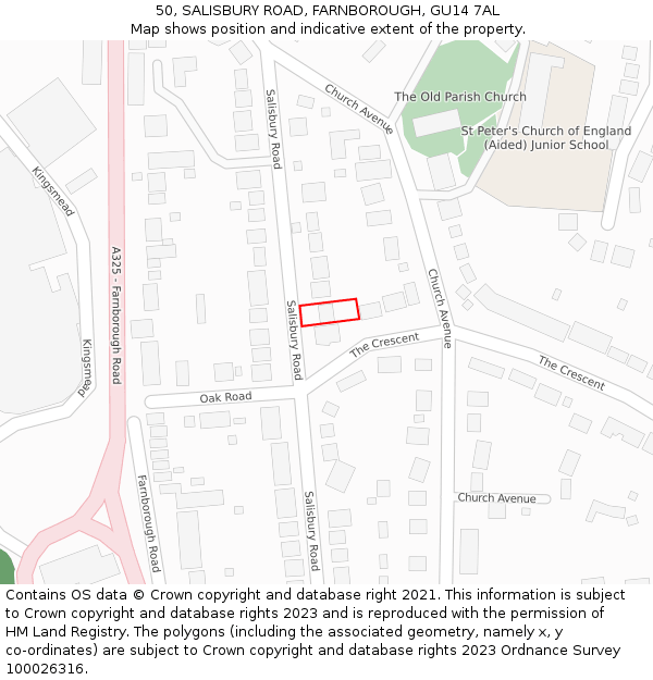 50, SALISBURY ROAD, FARNBOROUGH, GU14 7AL: Location map and indicative extent of plot