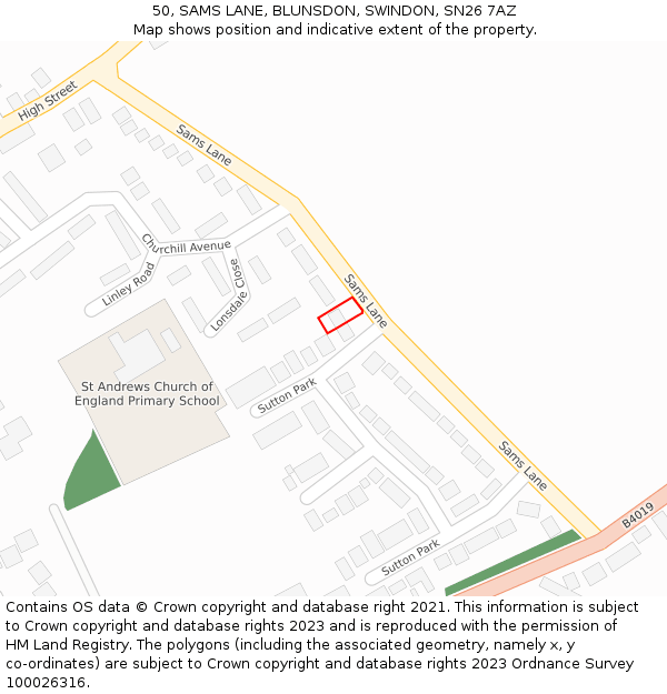 50, SAMS LANE, BLUNSDON, SWINDON, SN26 7AZ: Location map and indicative extent of plot