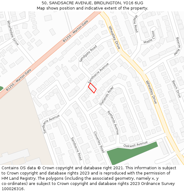 50, SANDSACRE AVENUE, BRIDLINGTON, YO16 6UG: Location map and indicative extent of plot