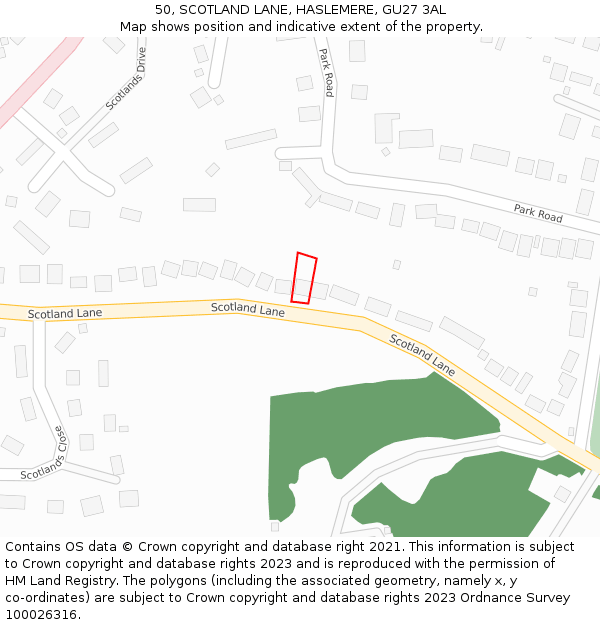 50, SCOTLAND LANE, HASLEMERE, GU27 3AL: Location map and indicative extent of plot