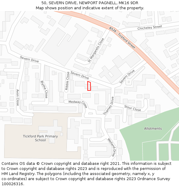 50, SEVERN DRIVE, NEWPORT PAGNELL, MK16 9DR: Location map and indicative extent of plot