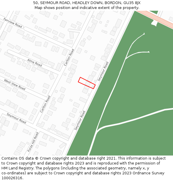 50, SEYMOUR ROAD, HEADLEY DOWN, BORDON, GU35 8JX: Location map and indicative extent of plot