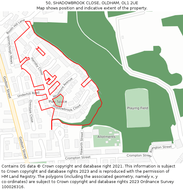 50, SHADOWBROOK CLOSE, OLDHAM, OL1 2UE: Location map and indicative extent of plot