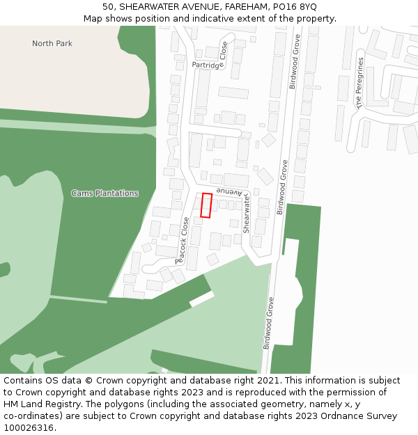 50, SHEARWATER AVENUE, FAREHAM, PO16 8YQ: Location map and indicative extent of plot