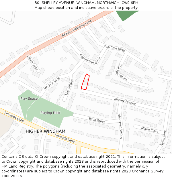 50, SHELLEY AVENUE, WINCHAM, NORTHWICH, CW9 6PH: Location map and indicative extent of plot