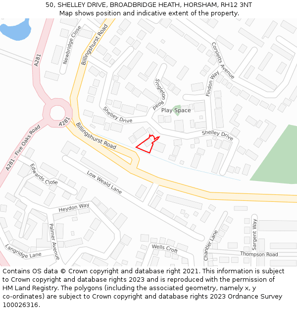 50, SHELLEY DRIVE, BROADBRIDGE HEATH, HORSHAM, RH12 3NT: Location map and indicative extent of plot