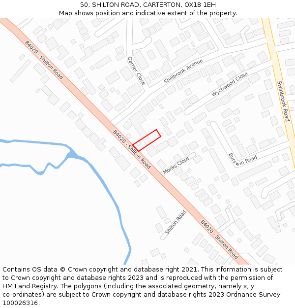 50, SHILTON ROAD, CARTERTON, OX18 1EH: Location map and indicative extent of plot