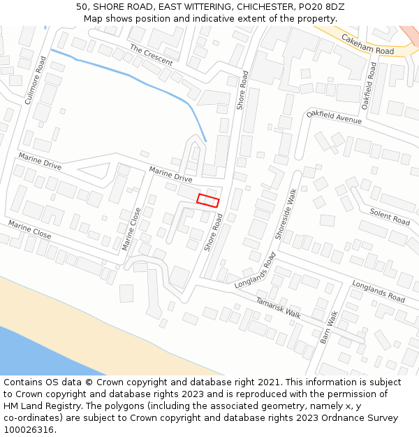 50, SHORE ROAD, EAST WITTERING, CHICHESTER, PO20 8DZ: Location map and indicative extent of plot