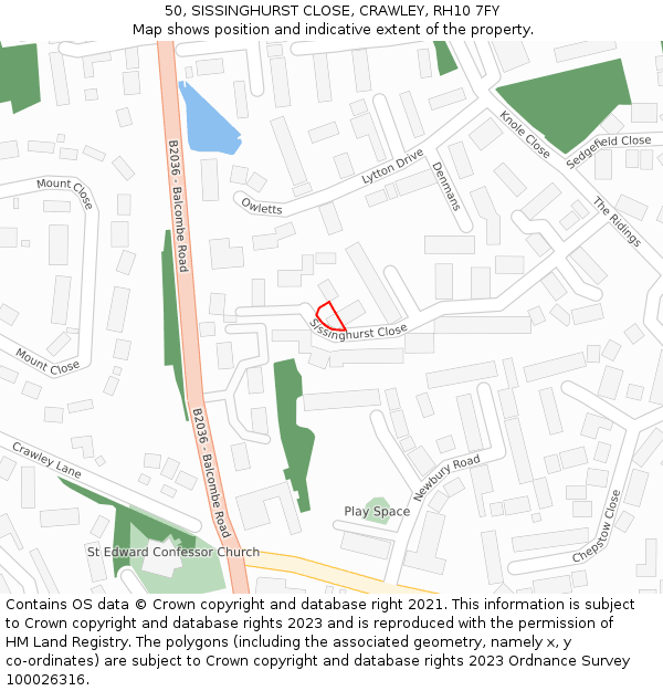 50, SISSINGHURST CLOSE, CRAWLEY, RH10 7FY: Location map and indicative extent of plot