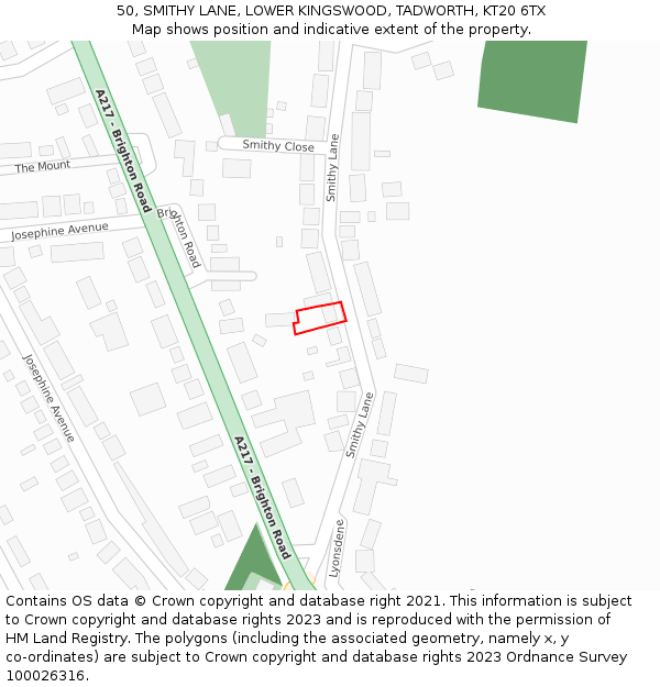 50, SMITHY LANE, LOWER KINGSWOOD, TADWORTH, KT20 6TX: Location map and indicative extent of plot