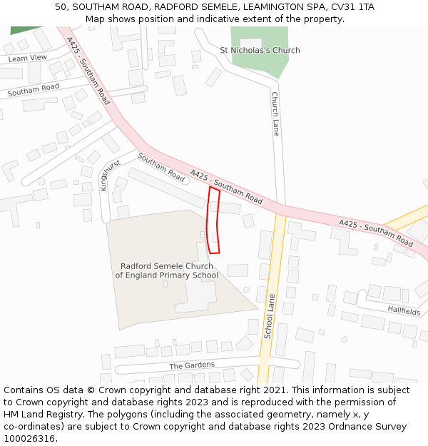 50, SOUTHAM ROAD, RADFORD SEMELE, LEAMINGTON SPA, CV31 1TA: Location map and indicative extent of plot