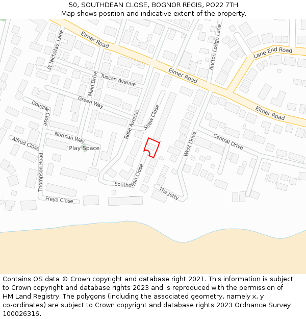 50, SOUTHDEAN CLOSE, BOGNOR REGIS, PO22 7TH: Location map and indicative extent of plot