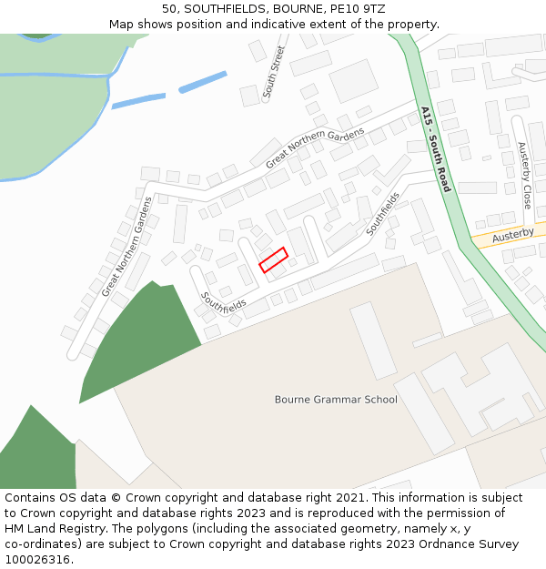 50, SOUTHFIELDS, BOURNE, PE10 9TZ: Location map and indicative extent of plot