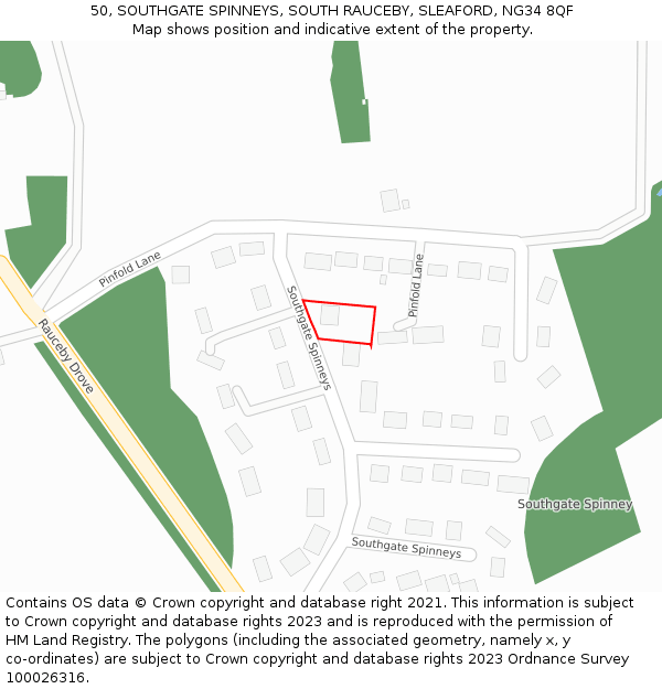 50, SOUTHGATE SPINNEYS, SOUTH RAUCEBY, SLEAFORD, NG34 8QF: Location map and indicative extent of plot