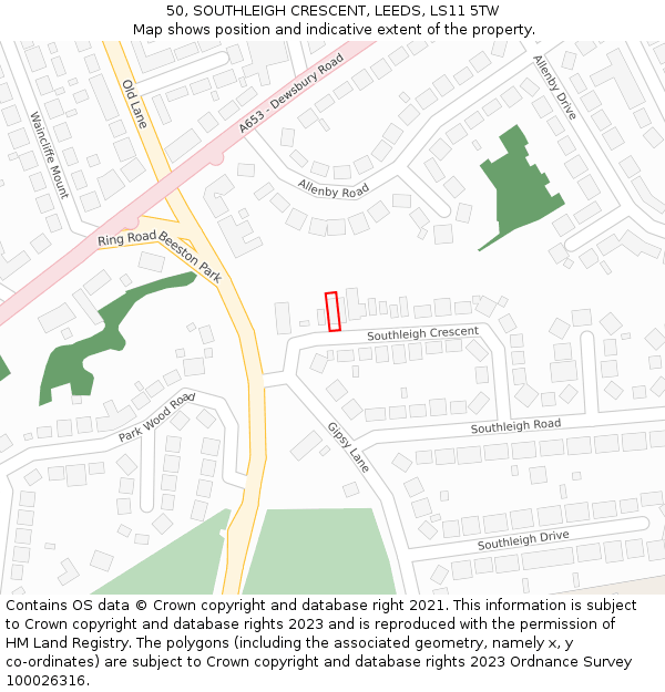 50, SOUTHLEIGH CRESCENT, LEEDS, LS11 5TW: Location map and indicative extent of plot